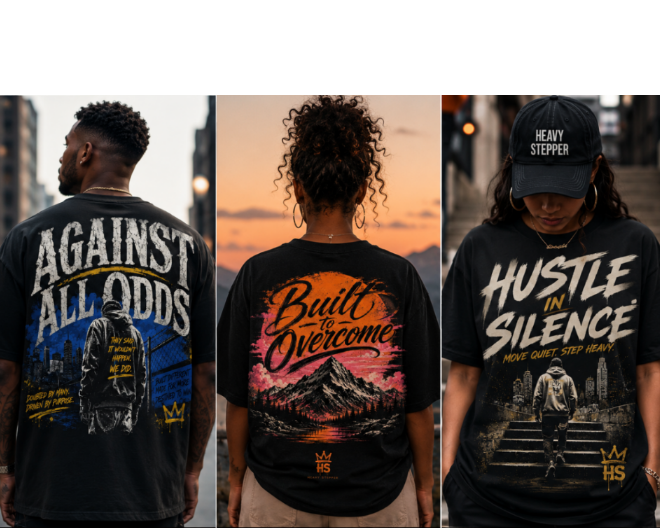 Three models wearing black graphic t-shirts from the back in an outdoor urban setting, showcasing different designs: 'AGAINST ALL ODDS' with a blue graphic, 'Built to Overcome' with a mountain sunset graphic, and 'HUSTLE IN SILENCE' with a white graphic. The bottom features the Heavy Stepper brand logo.